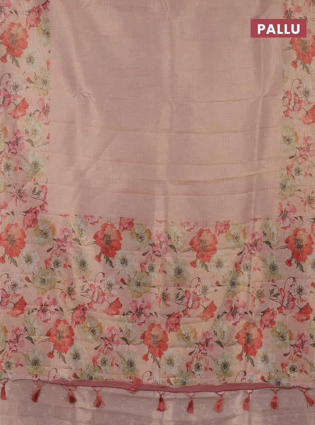 Tissue saree mild peach with allover zari weaves and floral digital printed border