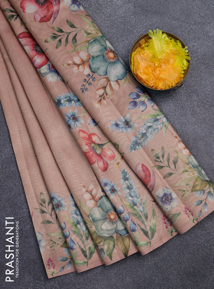 Tissue saree mild peach with allover zari weaves and digital printed border