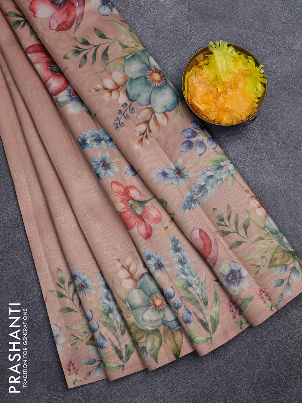 Tissue saree mild peach with allover zari weaves and digital printed border
