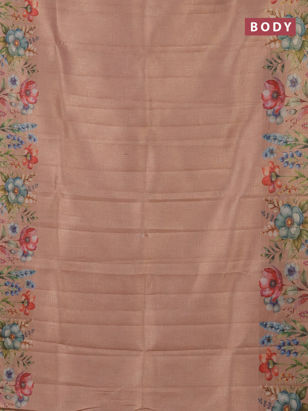 Tissue saree mild peach with allover zari weaves and digital printed border