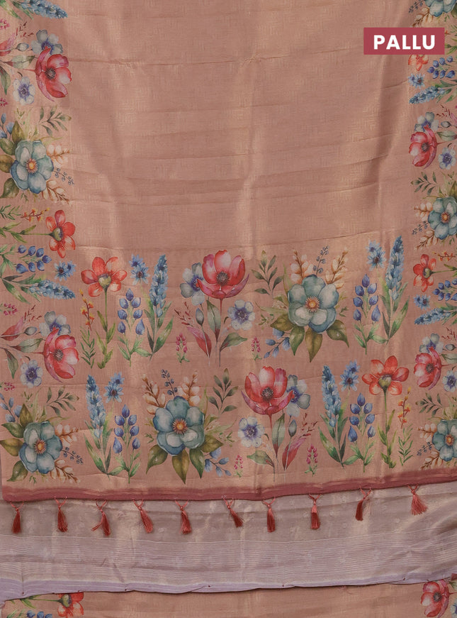 Tissue saree mild peach with allover zari weaves and digital printed border