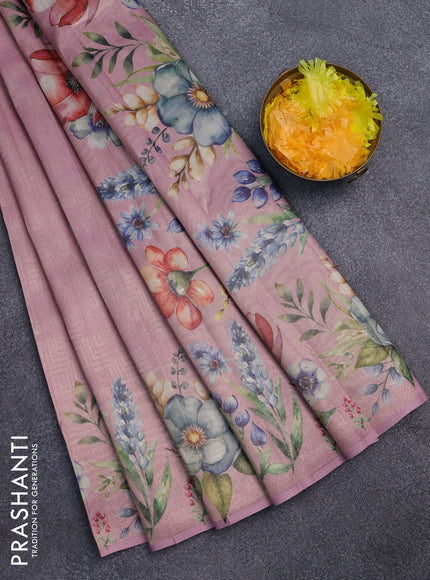 Tissue saree pastel pink with allover zari weaves and digital printed border