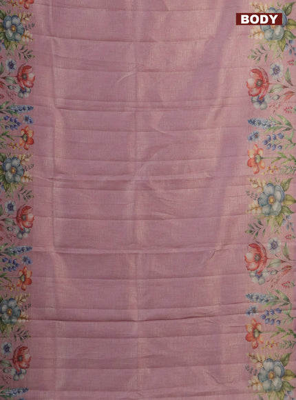 Tissue saree pastel pink with allover zari weaves and digital printed border