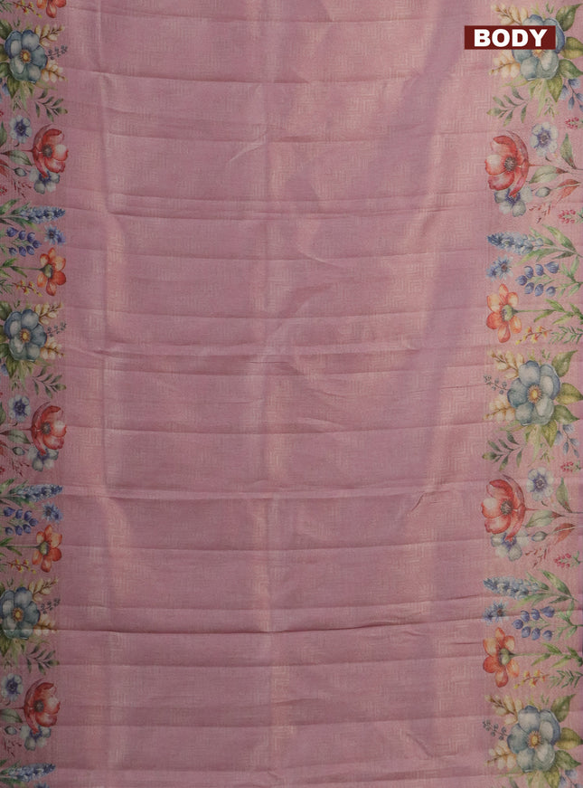 Tissue saree pastel pink with allover zari weaves and digital printed border