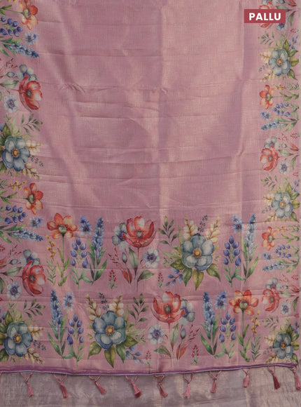Tissue saree pastel pink with allover zari weaves and digital printed border