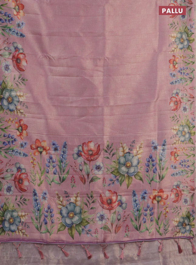 Tissue saree pastel pink with allover zari weaves and digital printed border