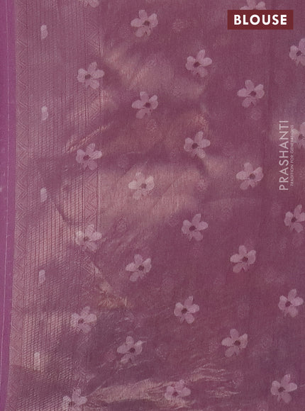Tissue saree pastel pink with allover zari weaves and digital printed border