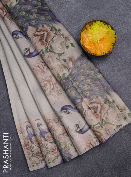Tissue saree pastel grey and green shade with allover zari weaves and digital printed border