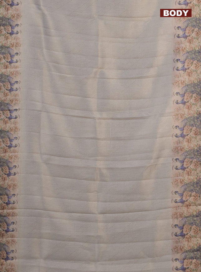 Tissue saree pastel grey and green shade with allover zari weaves and digital printed border