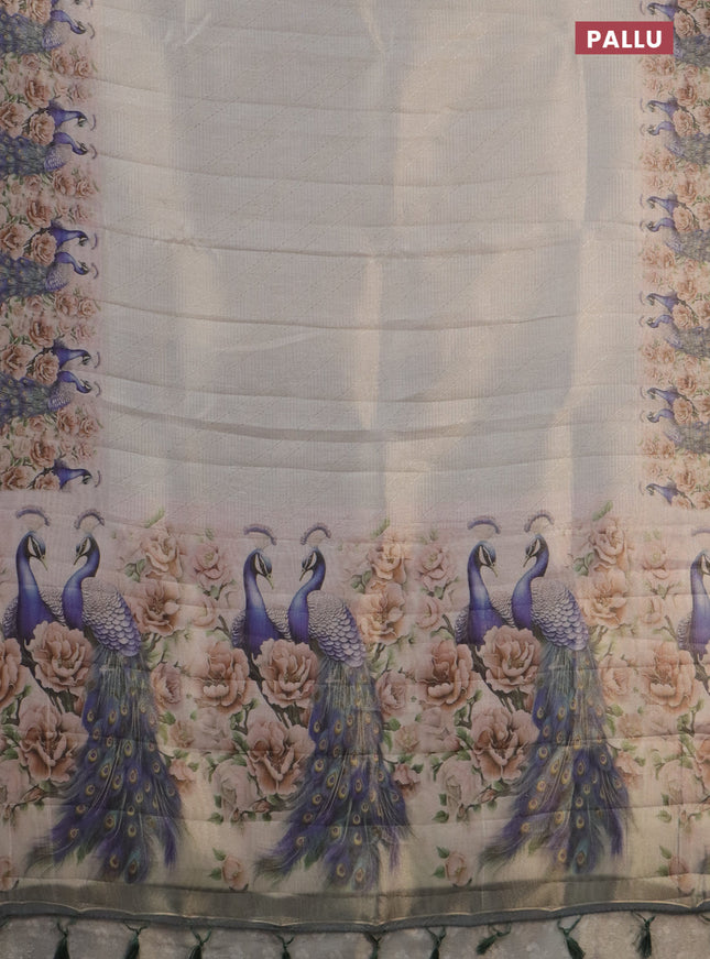 Tissue saree pastel grey and green shade with allover zari weaves and digital printed border