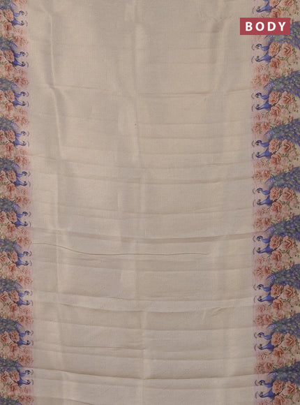 Tissue saree cream and green with allover zari weaves and digital printed border