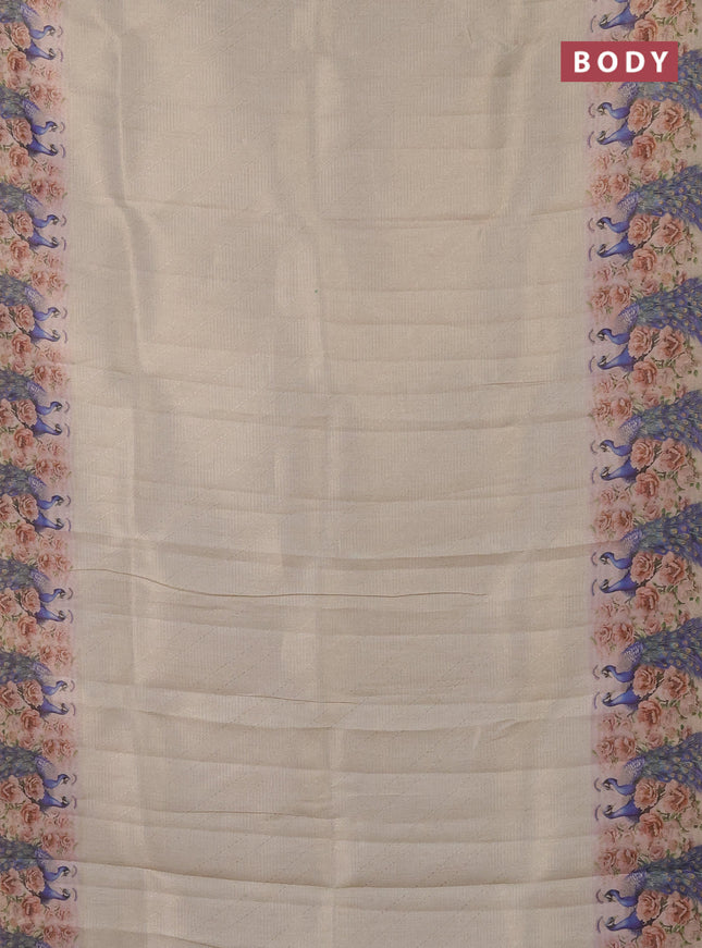 Tissue saree cream and green with allover zari weaves and digital printed border