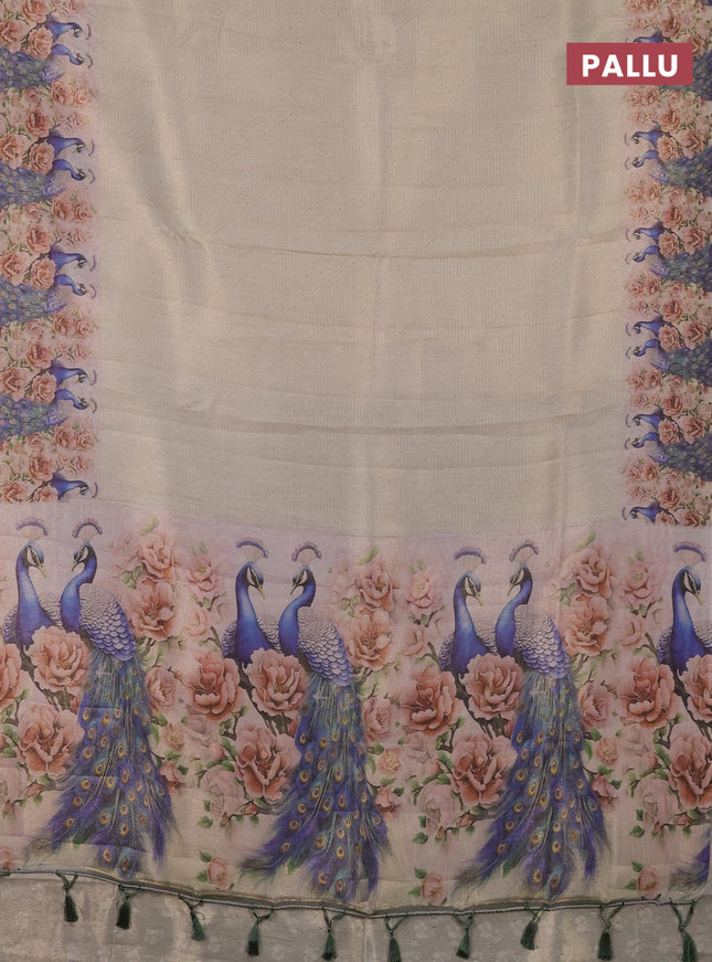 Tissue saree cream and green with allover zari weaves and digital printed border