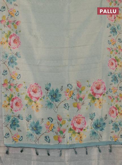 Tissue saree pastel green with allover zari weaves and digital printed border