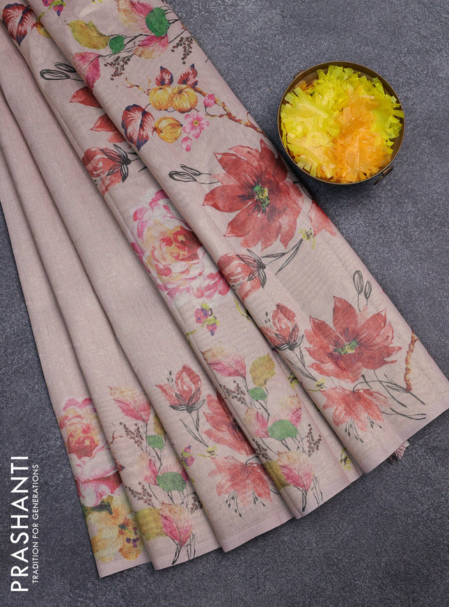 Tissue saree mild peach with allover zari weaves and digital printed border