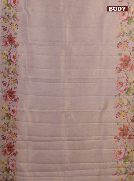 Tissue saree mild peach with allover zari weaves and digital printed border