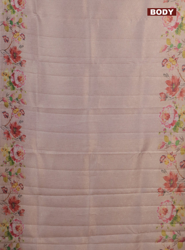 Tissue saree mild peach with allover zari weaves and digital printed border