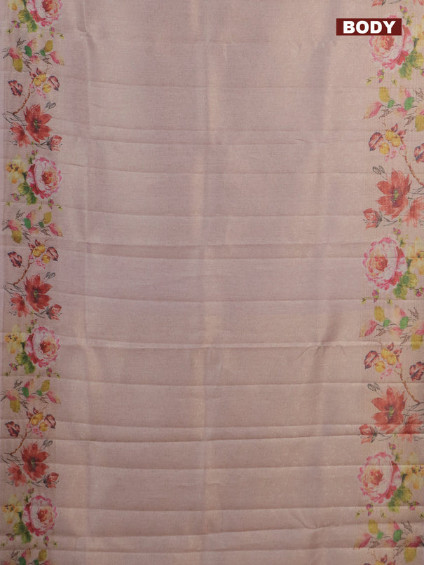 Tissue saree mild peach with allover zari weaves and digital printed border