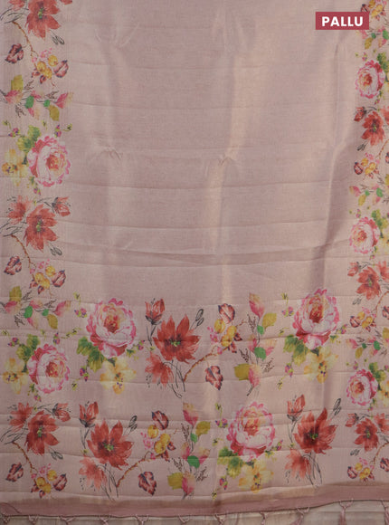 Tissue saree mild peach with allover zari weaves and digital printed border