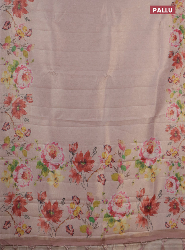 Tissue saree mild peach with allover zari weaves and digital printed border