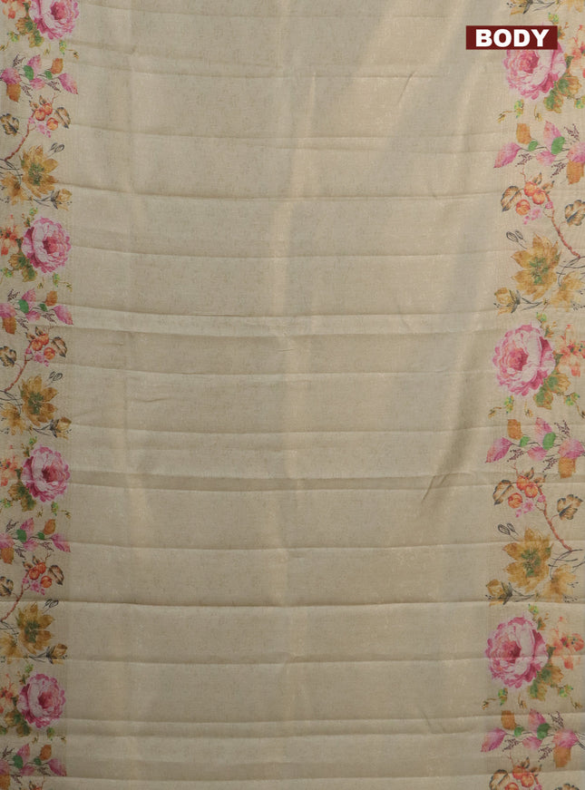 Tissue saree cream and pastel green with allover zari weaves and digital printed border