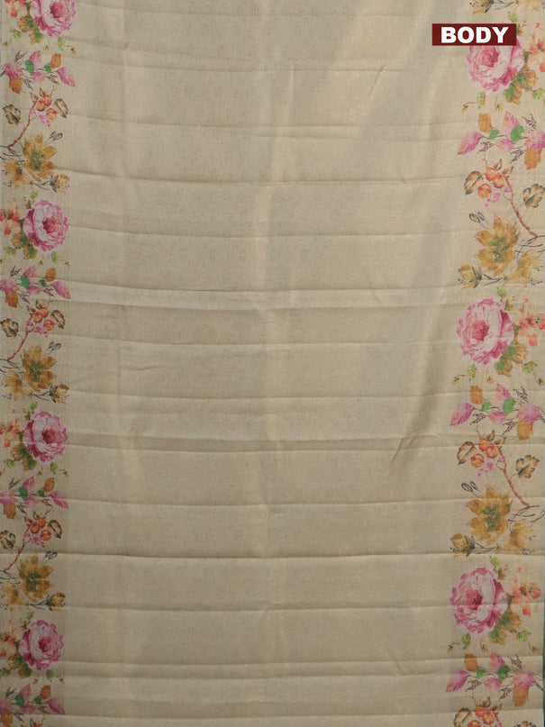 Tissue saree cream and pastel green with allover zari weaves and digital printed border