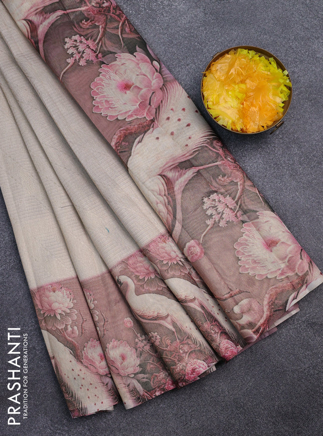 Tissue saree cream and pastel pink with allover zari weaves and floral digital printed border