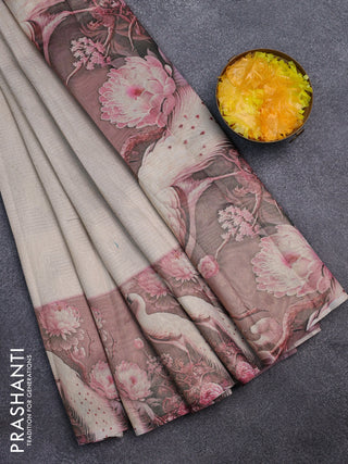 Tissue saree cream and pastel pink with allover zari weaves and floral digital printed border