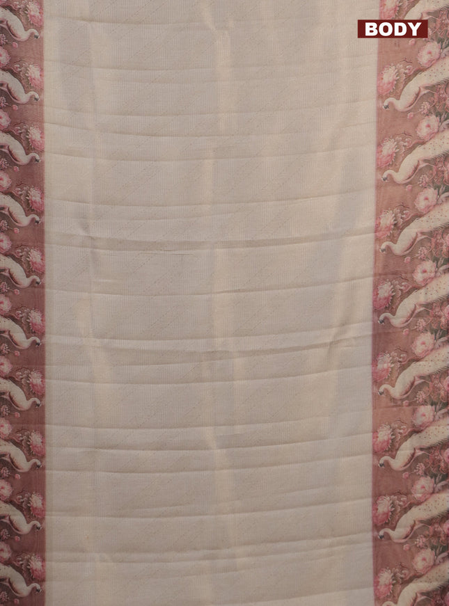 Tissue saree cream and pastel pink with allover zari weaves and floral digital printed border