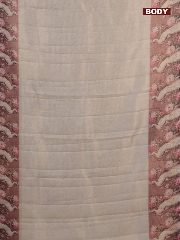 Tissue saree cream and pastel pink with allover zari weaves and floral digital printed border