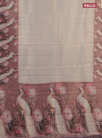 Tissue saree cream and pastel pink with allover zari weaves and floral digital printed border