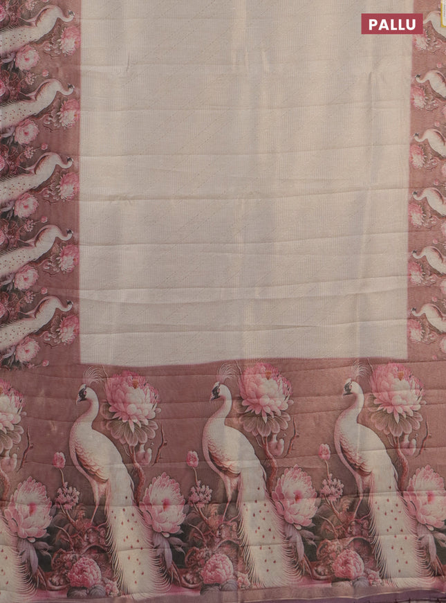 Tissue saree cream and pastel pink with allover zari weaves and floral digital printed border