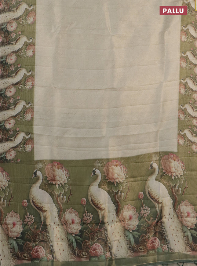 Tissue saree cream and sap green with allover zari weaves and floral digital printed border