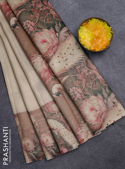 Tissue saree cream and peach shade with allover zari weaves and floral digital printed border