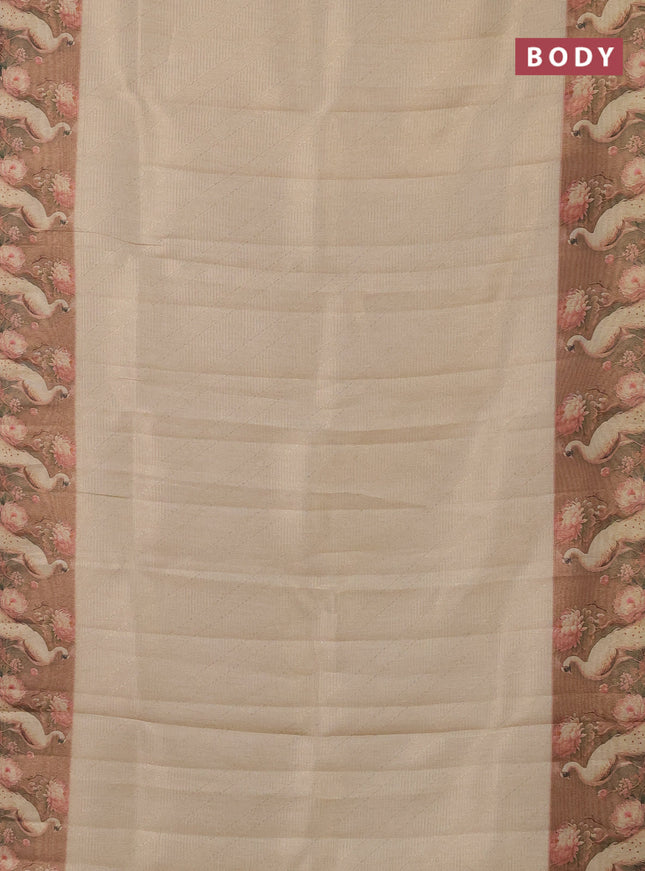 Tissue saree cream and peach shade with allover zari weaves and floral digital printed border
