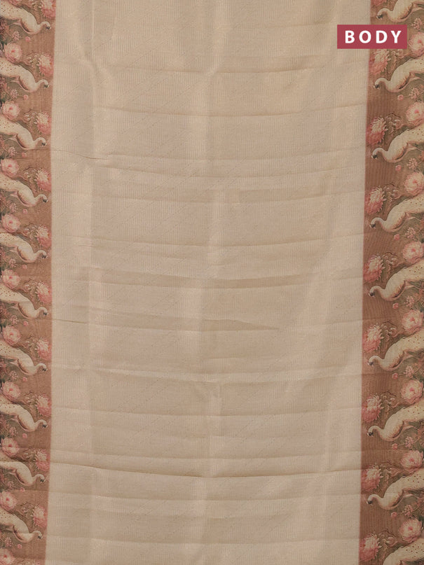 Tissue saree cream and peach shade with allover zari weaves and floral digital printed border