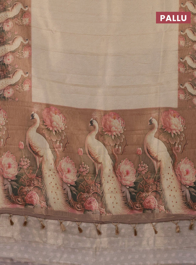 Tissue saree cream and peach shade with allover zari weaves and floral digital printed border
