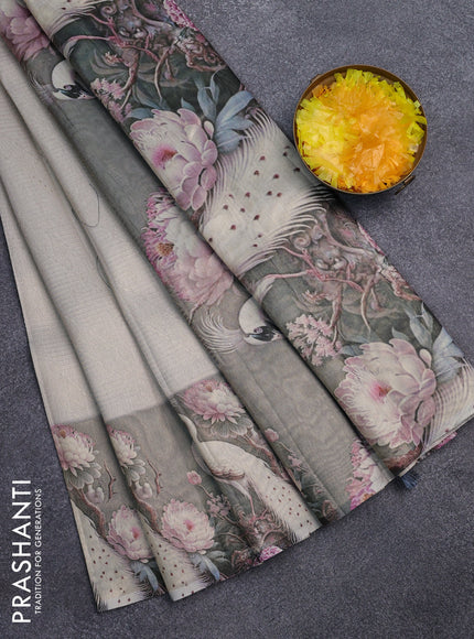 Tissue saree pastel grey and grey with allover zari weaves and floral digital printed border