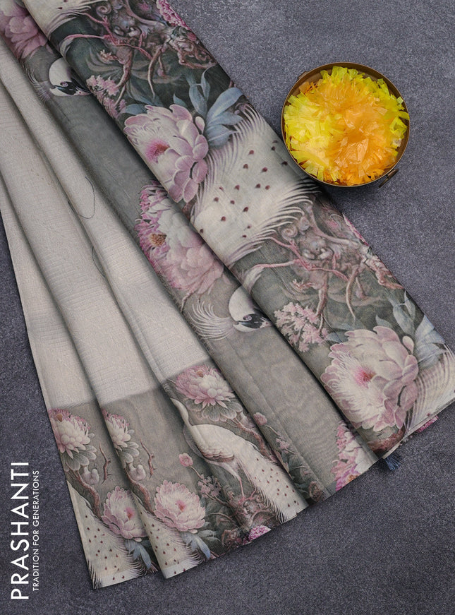 Tissue saree pastel grey and grey with allover zari weaves and floral digital printed border