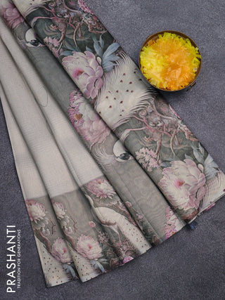 Tissue saree pastel grey and grey with allover zari weaves and floral digital printed border