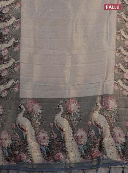 Tissue saree pastel grey and grey with allover zari weaves and floral digital printed border
