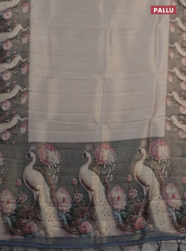 Tissue saree pastel grey and grey with allover zari weaves and floral digital printed border