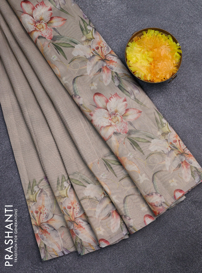 Tissue saree dark beige with allover zari weaves and floral digital printed border