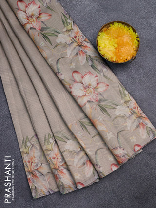 Tissue saree dark beige with allover zari weaves and floral digital printed border
