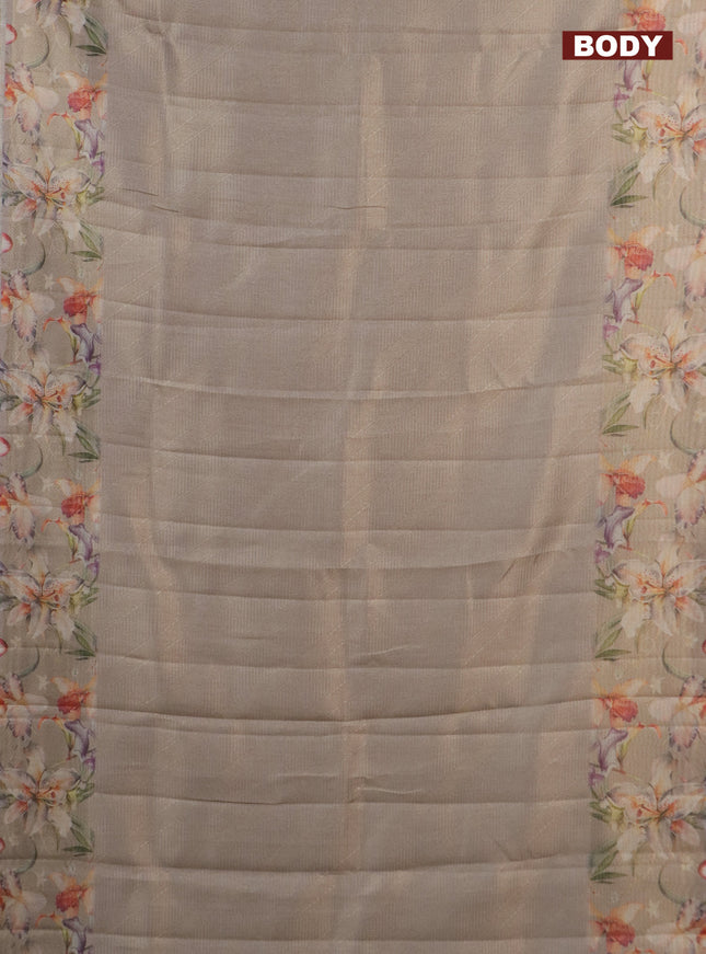Tissue saree dark beige with allover zari weaves and floral digital printed border