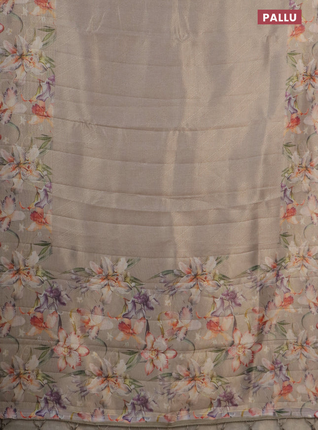 Tissue saree dark beige with allover zari weaves and floral digital printed border