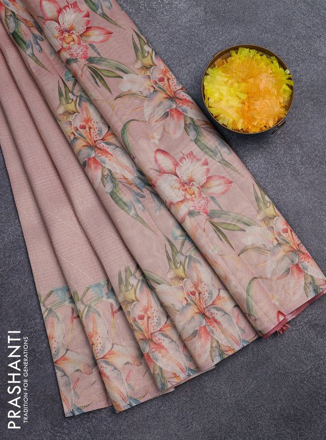 Tissue saree peach orange with allover zari weaves and floral digital printed border