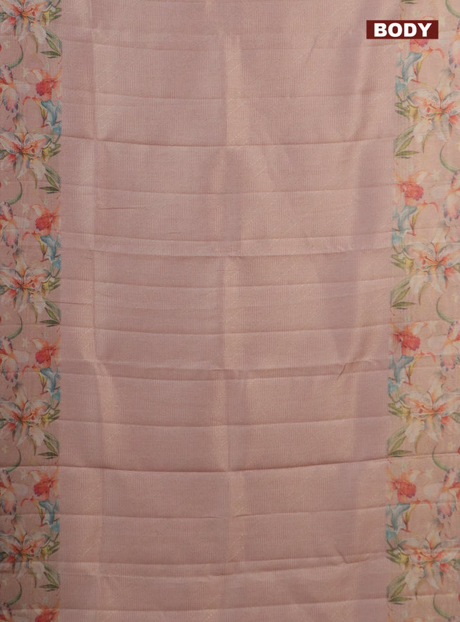 Tissue saree peach orange with allover zari weaves and floral digital printed border