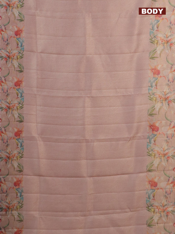 Tissue saree peach orange with allover zari weaves and floral digital printed border