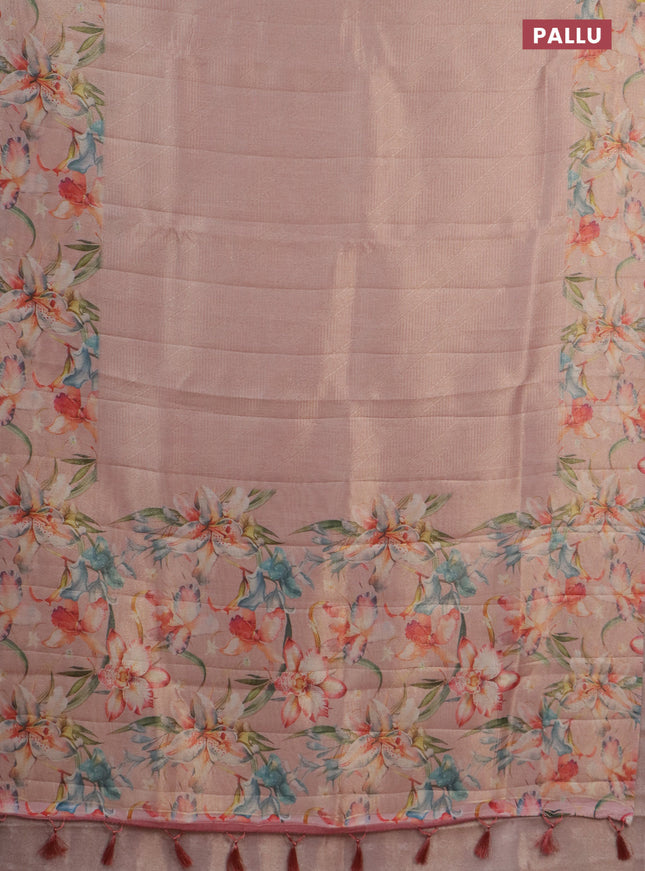 Tissue saree peach orange with allover zari weaves and floral digital printed border